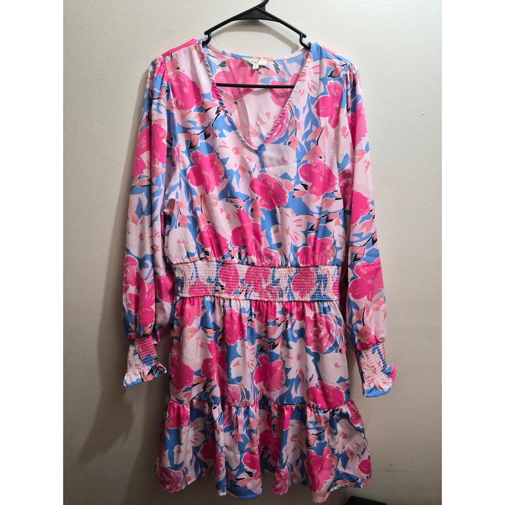 Easel Pink Blue Floral Smocked Waist V-Neck Long Sleeve Tiered Dress Large